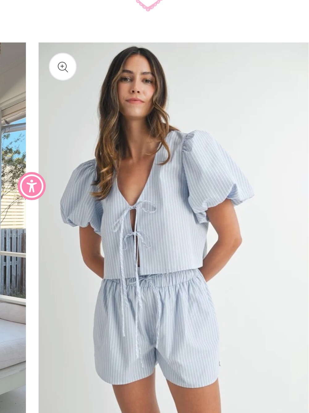 Light Blue Striped Cotton Tie-Front puff sleeve top and shorts set - Picture 2 of 2